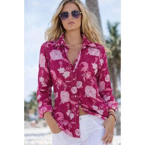 Cino Floral Button Down Shirt Pink Fuchsia 100% Cotton Crinkle India Size Small